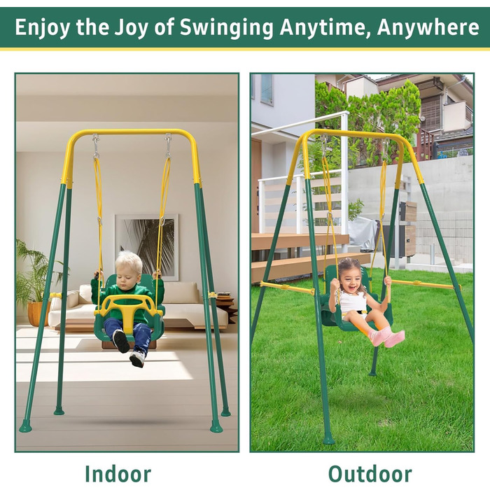 Дитяча гойдалка-шезланг 3-в-1 для дому та саду, металевий каркас, 6 місяців - 10 років (зелена)