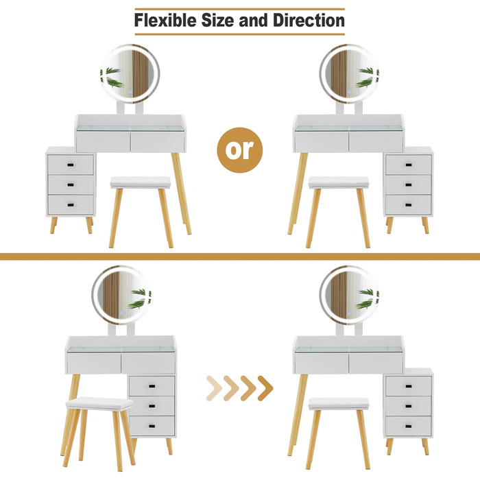 Туалетний столик TUKAILAI з підсвічуванням, табурет, світлодіодне дзеркало, висувні ящики, скляна стільниця, білий, для підлітків/жінок