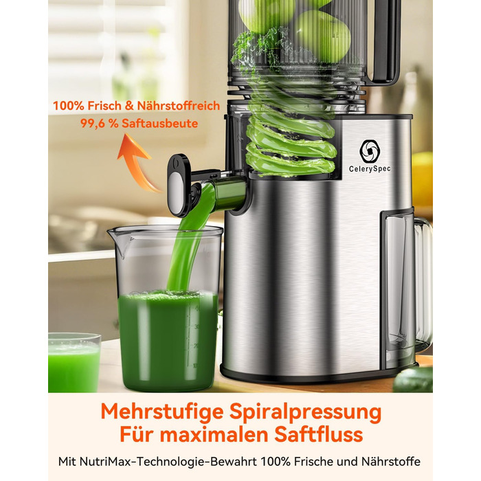 Шовковий відцентровий соковичавник - переможець тесту, для цілих овочів та фруктів, 130 мм завантажувальний отвір, 1.8л, BPA-free, 250W, функція зворотного ходу, легке очищення, нержавіюча сталь, чорний