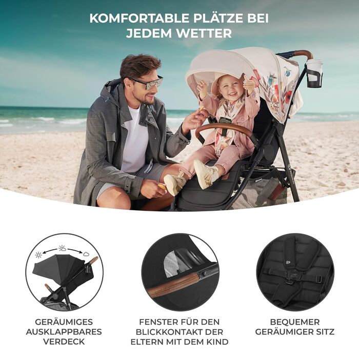 Дитяча коляска Kinderkraft Grande Plus, сіра, від народження до 22 кг, складається однією рукою, регульована спинка, великий капюшон з віконцем, амортизація всіх коліс