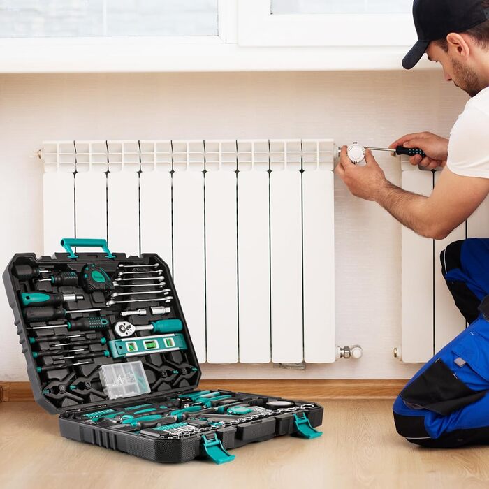 Набір інструментів TLGREEN 198 предметів у кейсі: побутовий, з тріскачкою, набором головок, викрутками, універсальний темно-зелений + чорний