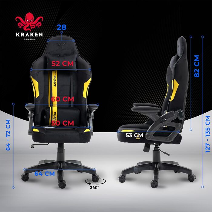 Ігрове крісло KRAKEN CHAIRS - чорно-жовте, ергономічне, для геймерів, вантажопідйомність 130 кг