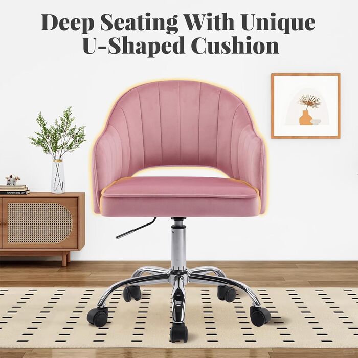 Крісло для офісу Fiximaster Homeoffice, крісло для робочого столу, обертове, регульоване по висоті, з велюру, ергономічне, для робочого кабінету/спальні, до 113 кг, рожеве
