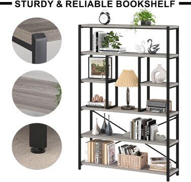 Стильна полиця-стеллаж LVB з 6 рівнями для вітальні, робочого кабінету, кухні, 180 см (світло-сіра ельха)