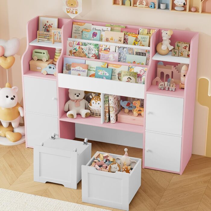 FOREHILL Дитяча полиця-стелаж для іграшок та книг у кімнату з дерева, рожева, 122 x 30 x 100 см