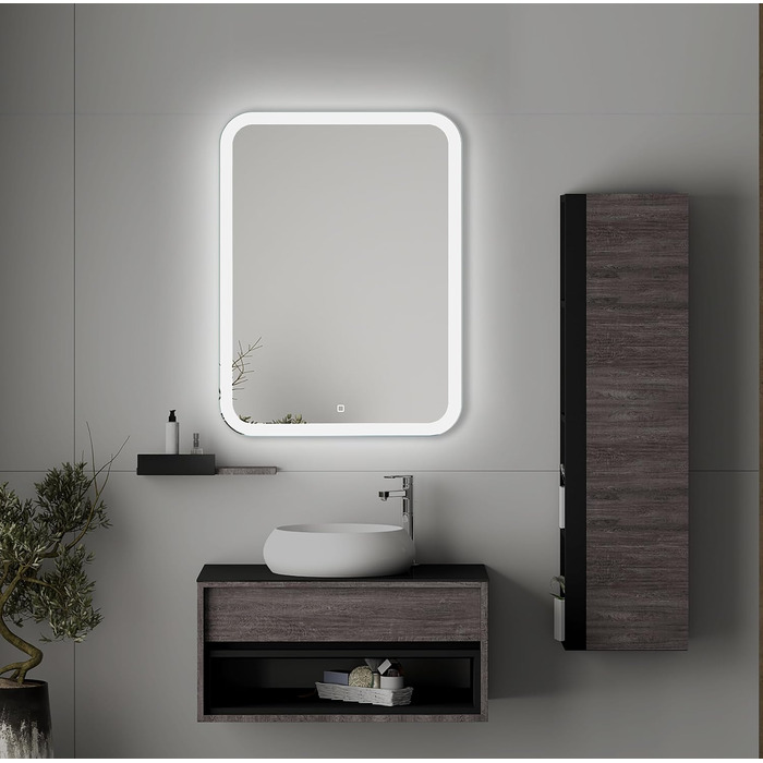Дзеркало для ванної кімнати LED 50x70 см з підсвічуванням та сенсорним вимикачем, округлені кути, прямокутна форма