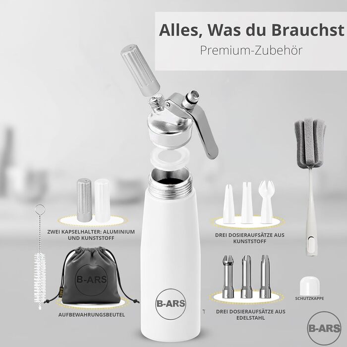 Кухонний сифон B-ARS з алюмінію, 500 мл, білий – аксесуар для холодних мусів та десертів, без системи тиску, з нержавіючою сталевою насадкою, придатний для миття в посудомийній машині