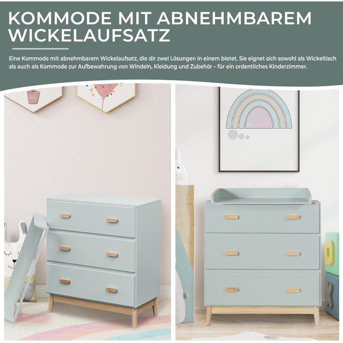 Комод з пеленальним столиком Rebecca Mobili, Aqua Grün Braun, колір блакитно-зелений, матеріал - сосна та MDF, компактний, знімний пеленальний столик, розміри 100 x 80 x 42 см, арт. RE6985