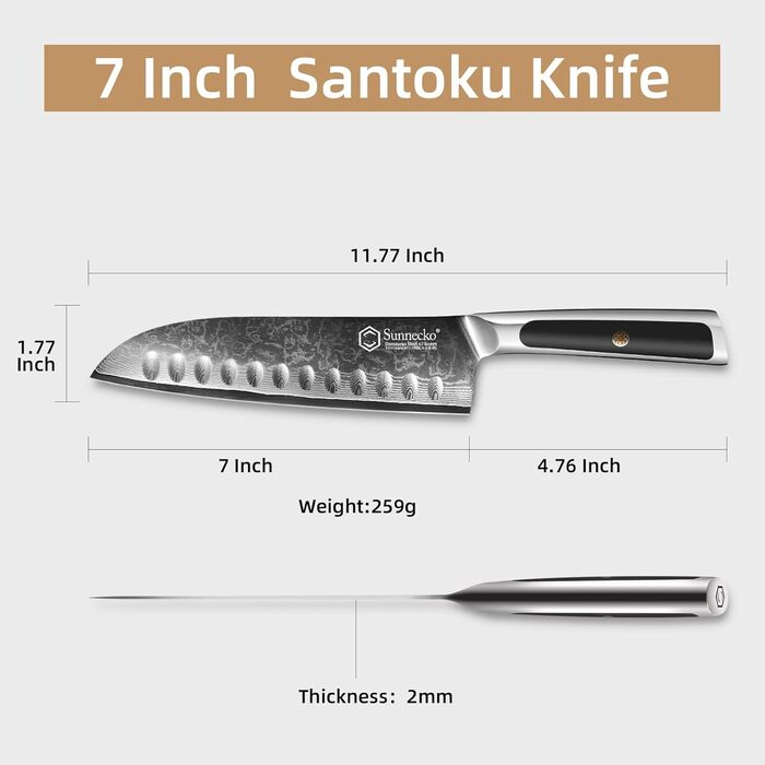Ніж Sunnecko Дамаск - кухонний ніж. Гострий ніж з дамаської сталі. Азіатський універсальний кухонний ніж для дому та кухні з ергономічною ручкою (7 дюймів Сантоку)