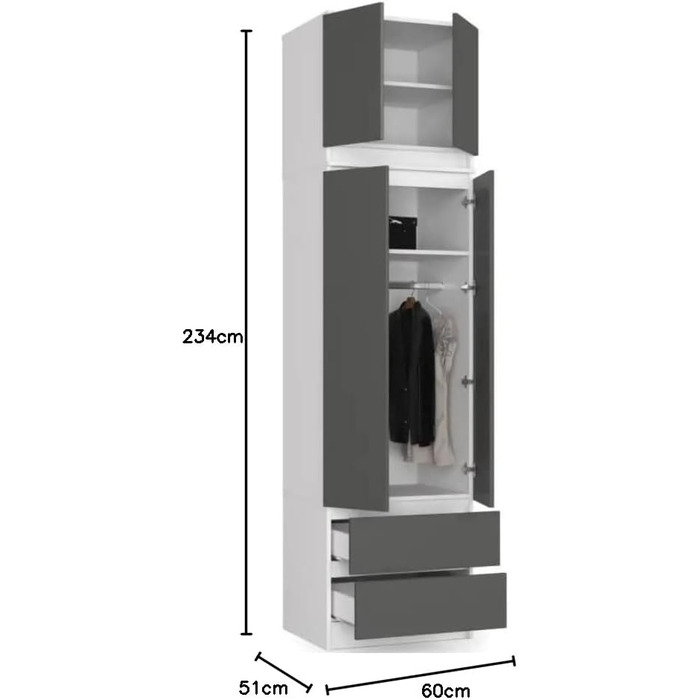 Шафа-купе BDW з приставкою, 4-дверна шафа-купе, 2 висувні ящики, шафа для спальні, вітальні, передпокою, 234x60x51см, один розмір (білий / сірий)