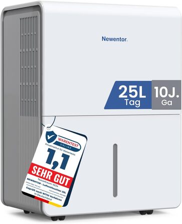 Електричний осушувач повітря Newentor 12L для підвалу, 35dB, з гофрованим шлангом 1м, для приміщень до 25м²/122м³, 10 років гарантії, фільтр, таймер, продуктивність 25л/день