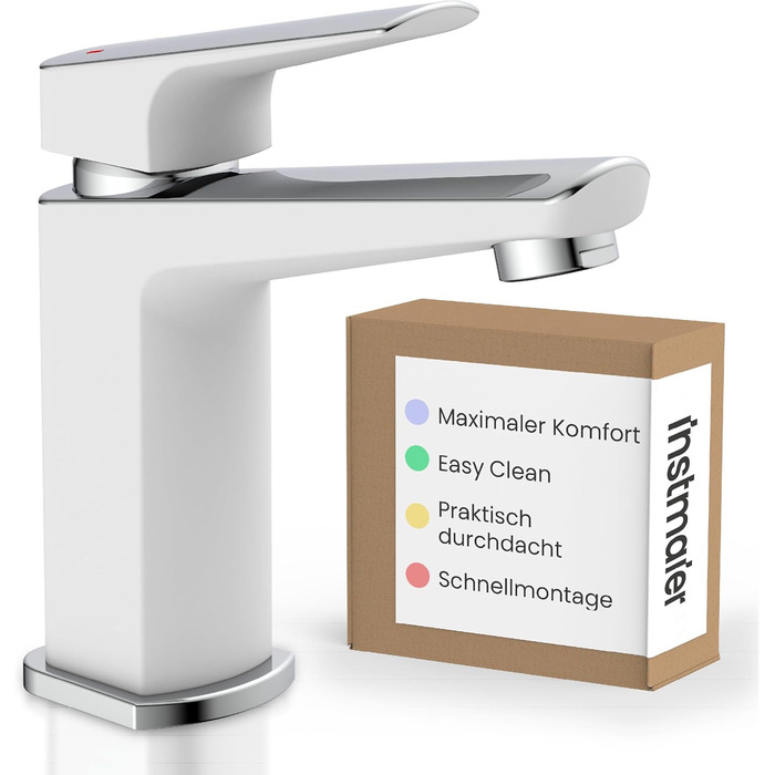 Змішувач для умивальника Instmaier Amelie | Змішувач для ванної кімнати | Однорідний змішувач з латуні (білий / хром)