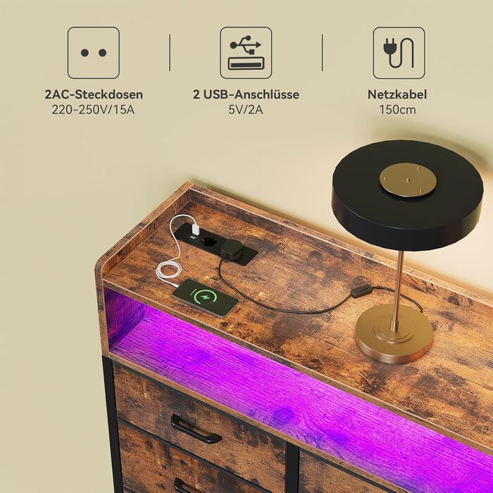 Комод ODK з шухлядами, 2 розетки, 2 USB, 10 LED-смужок, полиця-стільниця, 9 тканинних шухляд, чорний (ретро стиль), 130x30x97 см