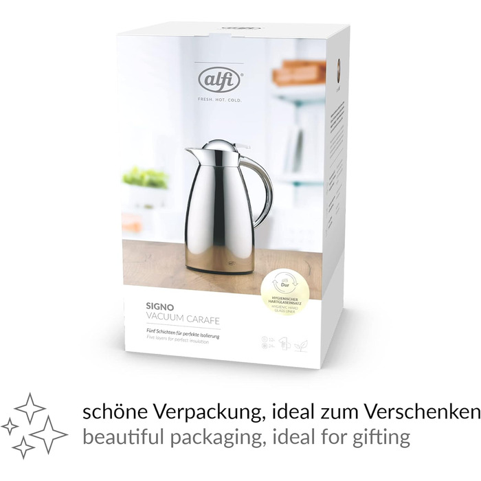 alfi SIGNO 1.0л термокружка з нержавіючої сталі, сатиновий срібло, з термоізоляцією та скляною колбою, з кришкою-поворотом та зручною кнопкою, ергономічна ручка, для однієї руки, ідеальна як для кави, так і для чаю