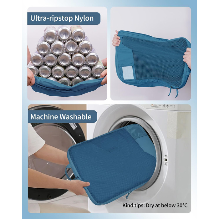 Набір компресійних органайзерів для валізи та рюкзака ECOHUB, 4 шт, з мітками та сітчастим підсиленням, екологічні дорожні сумки для одягу (Синій)