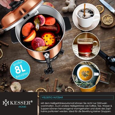 KESSER® Глювайновий котел 8л з нержавіючої сталі, 10 склянок, термостат, автомат для глінтвейну, гарячих напоїв, чайник, дозатор гарячої води, автоклав, індикатор рівня, кран, сріблястий