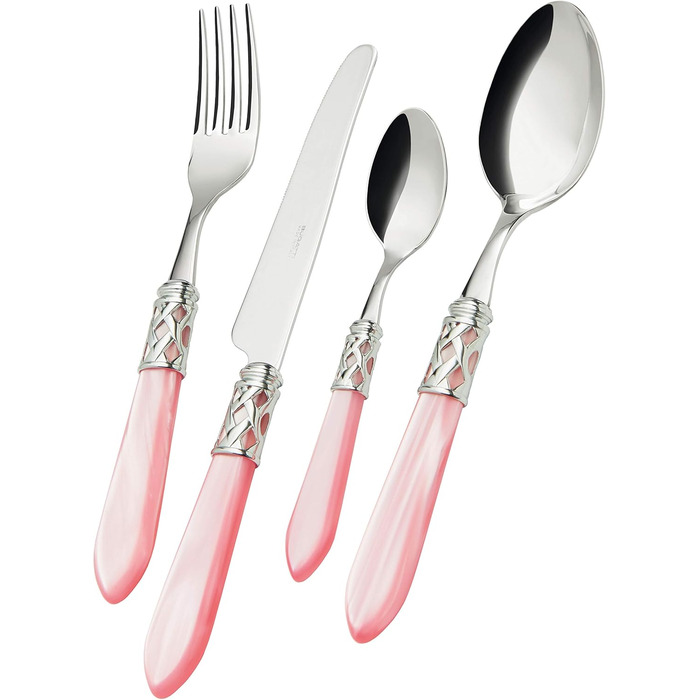 Набір столових приборів Bugatti Aladdin для 6 осіб (24 предмети) з нержавіючої сталі 18/10, хромуванням та ручками з ефектом перламутру (рожевий)