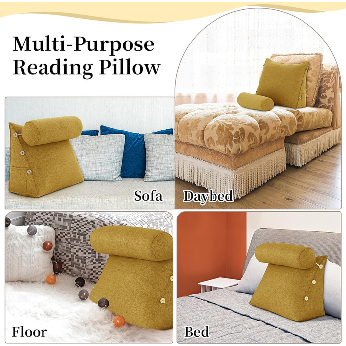Підкова для читання Bettkeil, регульоване подушечкове ліжко, трикутна подушка, подушка-клинок, диванна подушка для попереку, шиї, подушка для підтримки спини з знімним льняним чохлом (жовтий, з подушкою для шиї 60см)