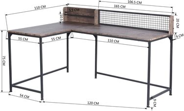 Комп'ютерний стіл Homy Casa L-подібна форма МДФ Стіл Кутовий стіл Стабільний стіл 165x110x75-95см Коричневий