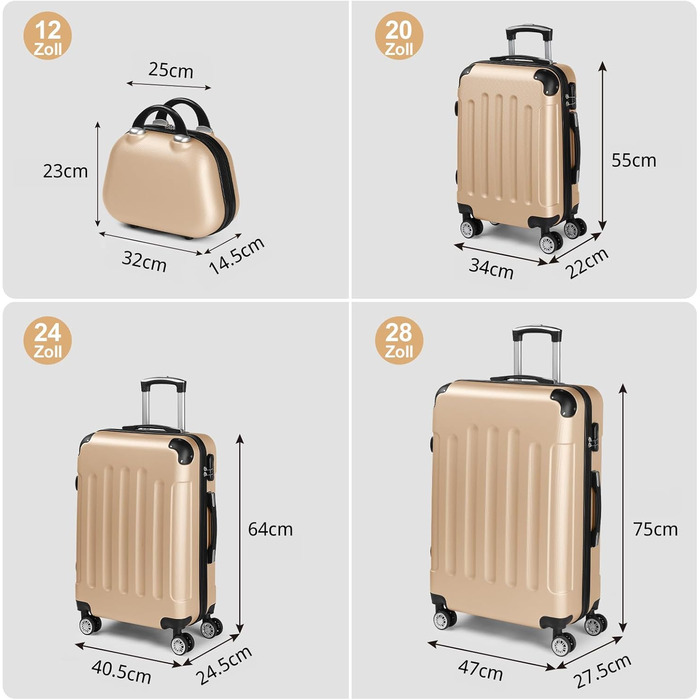 Набір валіз LALAHO 4 шт. з косметичками, з ABS пластику, золотий колір, для подорожей, ручна поклажа