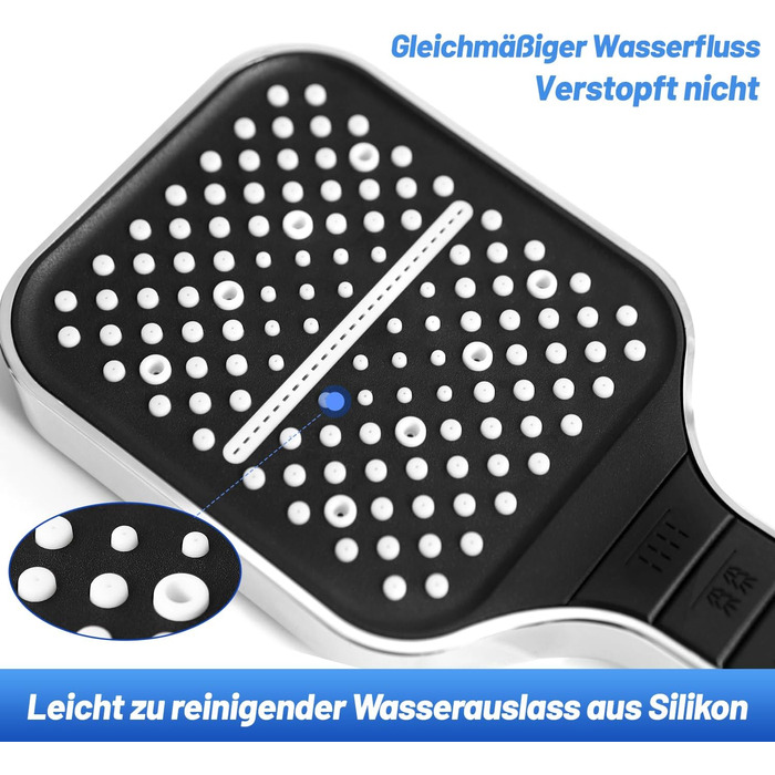 Душова лійка VEHHE, 7 режимів розпилення, кнопка зупинки, регулювання однією рукою, силіконова насадка проти застрягання, що збільшує напір (сріблястий)