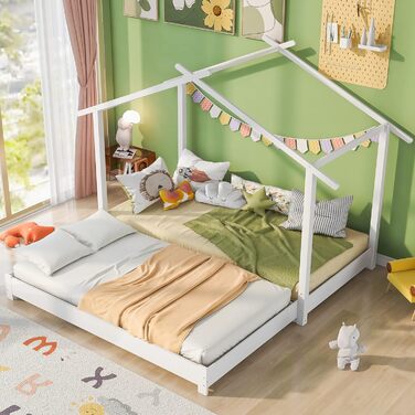 Ліжко Merax house з ящиками і полицями, дитяче ліжечко 90х200 см і 140х70см, ігрове ліжко з масиву дерева з огорожею і рейковою основою, L-подібна конструкція, для 2-х дитячих двоспальне ліжко, (біле-3)