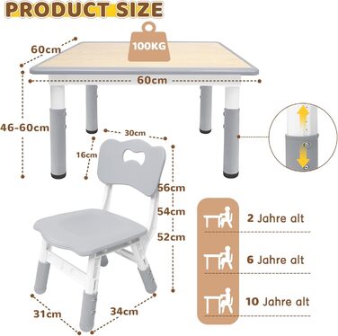 Дитячий стіл зі стільцями, 80x60 см, регульована висота, комплект для дитячого садка, ідеальний для ігор, малювання та ліплення. Легко миється. Підходить для дітей від 2 років (Сірий)