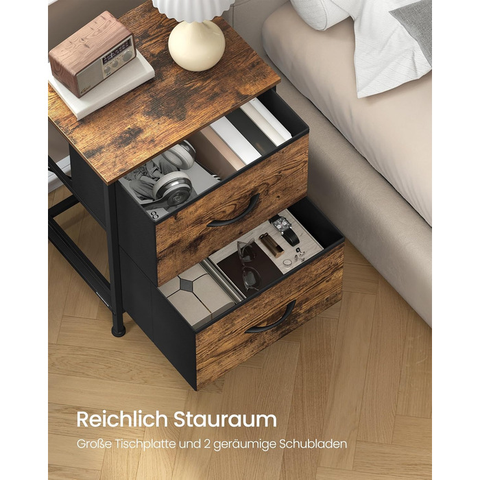 SONGMICS Комод з 2 висувними ящиками, тумбочка, шафка для зберігання, сталь, МДФ, фліс, для спальні, прихожої, вітальні, чорний, LGS32BH03