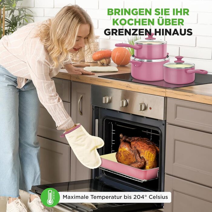 Набір кухонного посуду NutriChef 54 елементи – сковорідки, каструлі, кухонні аксесуари, ножі, форми для випічки, для індукції, газу та електроплити, здорове та дієтичне приготування (рожевий)