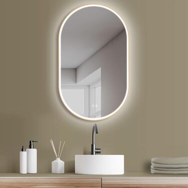 Дзеркало для ванної кімнати HOKO круглої форми 80 см з підсвічуванням, антизапарюванням, рамкою, сенсорним вимикачем, функцією пам'яті та регулюванням кольору світла (2700-6500K) - тепле, холодне, нейтральне світло (75 x 45 см, золотий овал)