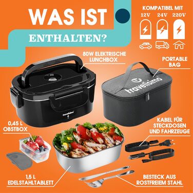 Електрична термобокс TRAVELISIMO 1,5L (80W) – 3-в-1 для подорожей, авто, офісу (Чорний)