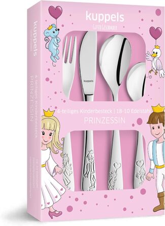 Набір дитячого столового прибору Kinderbesteck Set 4-teilig з мотивом - персоналізований дитячий столовий прилад з гравіюванням імені на ніж, виделку, ложку та чайну ложку – індивідуальний подарунок на народження, хрещення, день народження (Казка)