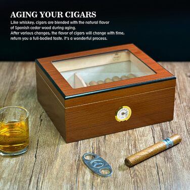 Вологозбережувач для сигар Slege, дерев'яний бокс з іспанської кедру, гігрометр, роздільники, аксесуари для сигар (30-50 сигар) (колір: коричневий)