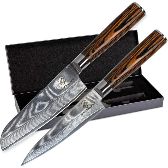 Набір кухонних ножів Дамаск Wolfblood (2 шт.) 24 см, з сертифікацією TÜV, сталь Дамаск 67 шарів, з дерев'яною ручкою, подарункова коробка, захист леза