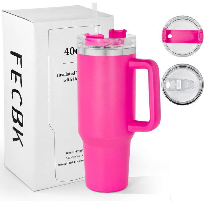 Термокружка FECBK з трубочкою та ручкою, 1,2 л, 100% без витоку, нержавіюча сталь, вакуумна ізоляція, тримає тепло 12 год / холод 34 год, Gepard (Фуксія)