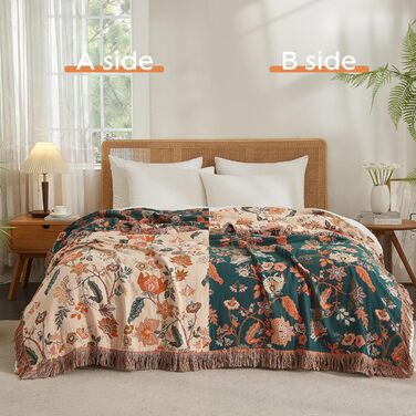 Богемна ковдра Softexly Boho Decke 100% бавовна – двостороння муслінова ковдра 150x200 см, м'яка софа/ліжко, естетичний дизайн, для вітальні та спальні, помаранчевий/зелений (230 x 250 см, Квіткова мелодія)