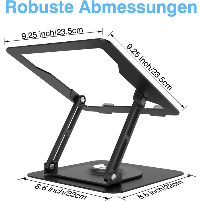Підставка для ноутбука з регулюванням висоти та поворотним основанням 360°, алюмінієва, чорна