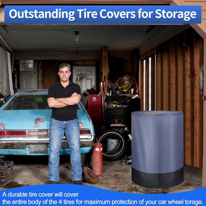Чохол для коліс автомобіля, великий, міцний, 420D, універсальний, для 4 коліс, з блискавкою, вологостійкий, з світловідбиваючими смугами (Ø 84cm x H 120cm), сірий & чорний