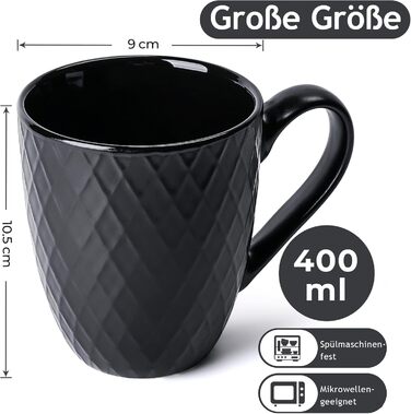 Набір кавових чашок Miamio Palmanova (6 шт., 400 мл) – чорний матовий керамічний набір