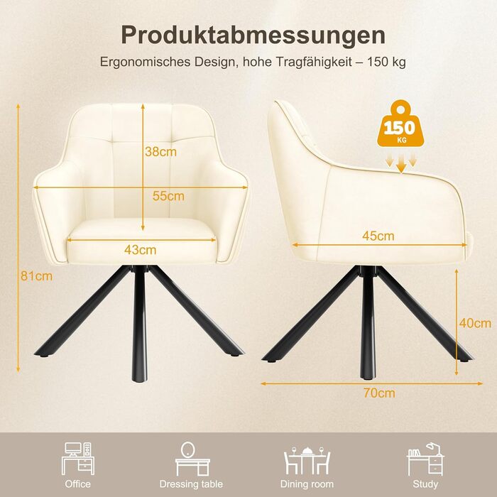 YOUDENOVA Крісла для обідньої кімнати, 360° обертання, з підлокітниками, оксамитові, для обідньої, кухні, вітальні та офісу, набір 2 шт. (Off-white)