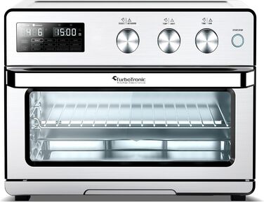 TurboTronic Цифровий конвекційний духовий шафа XXL 32 літри з поворотним шампуром для курки 5-в-1, міні-духовка, сушарка та фритюрниця Airfryer від 25°C, сріблястий