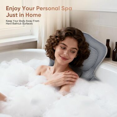 Подушка для ванни з підтримкою попереку, 144 присоски, 4D м'яка, з підголовником та додатковою подушкою, 133x41 см, сіра. З миючим мішком.