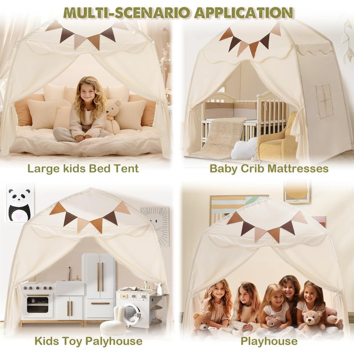 Велике дитяче намет-іграшка Тipi з прапорами, 150 x 100 x 150 см, кремовий колір