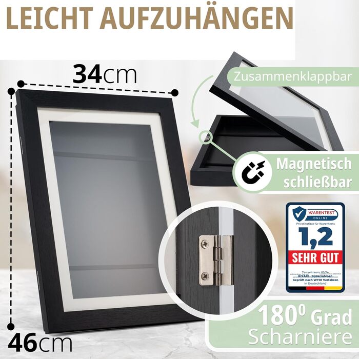 Рамка для дитячих малюнків KIYARI A4, 2 шт., білий, розкладний, з фронтальним доступом, для 150 малюнків, міцне дерево, безпечне скло, для творчості, дитячої кімнати та школи