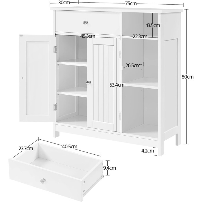 Тумба для ванної кімнати Yaheetech з ящиками, дверцятами та регульованими полицями, 75x30x80см, біла