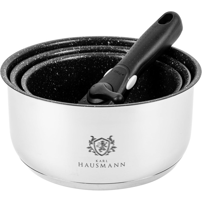 Набір каструль з знімними ручками (3 шт.) з нержавіючої сталі - сумісний з індукційними плитами. Набір каструль, сковорідок та посуду з гранітним покриттям