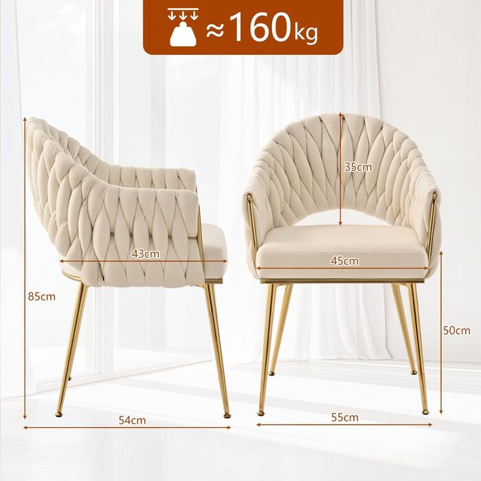 Набір з 2 обідніх стільців Samt, крісла для вітальні, стільці для кухні з підлокітниками, стільці для макіяжу з золотими ніжками, стільці для балкону білого кольору