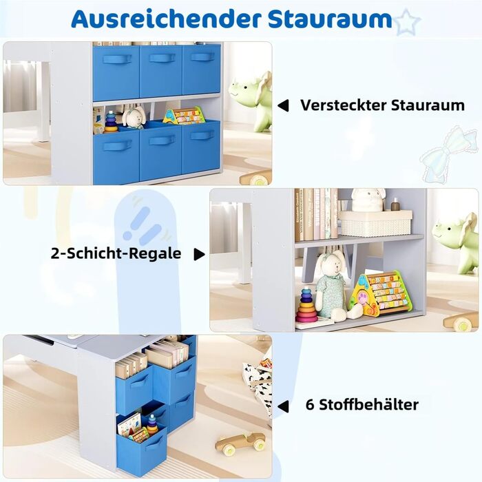 Дитячий стіл зі стільцями, комплект з дерева, дитяча група сидіння з місцем для зберігання, стіл для малювання з рулоном паперу, стіл для малювання та рукоділля для дітей від 3 років (Блакитний)