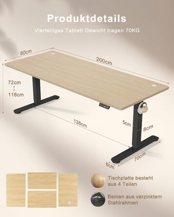Регульований стіл висотою 200x80 см з USB-портом, 3 режими пам'яті, антиколізійна система, комп'ютерний стіл, горіх+чорний