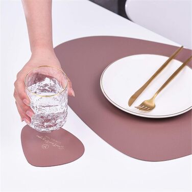 Набір підтарілок та підставки під склянку (6 шт.) з екошкіри, трикутної та овальної форми, бежевого кольору. Водостійкі, маслостійкі, термостійкі, з антиковзким покриттям.